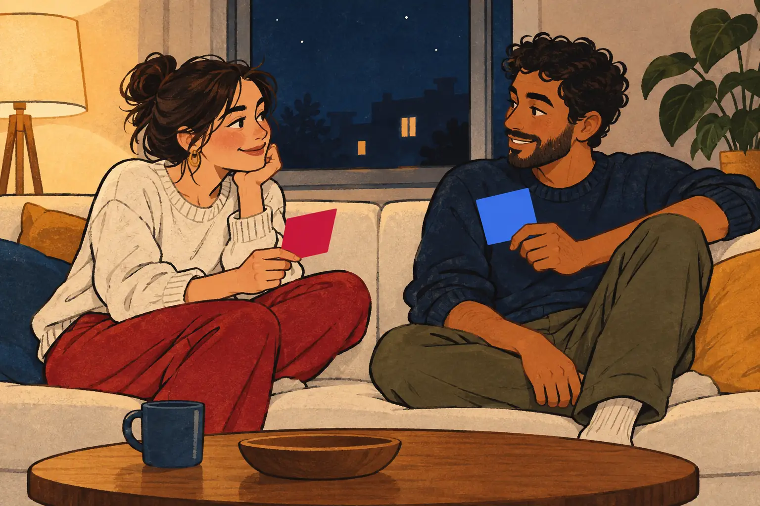 Two people talking on a couch, each holding a blank choice card, one crimson and one blue.
