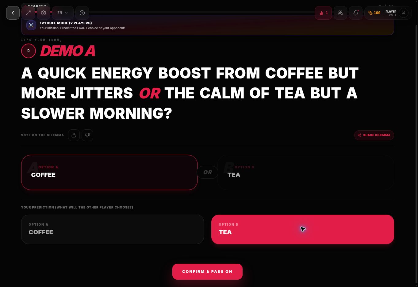 DILEMMIX voting screen: Demo A chooses A personally and predicts B for the other player.